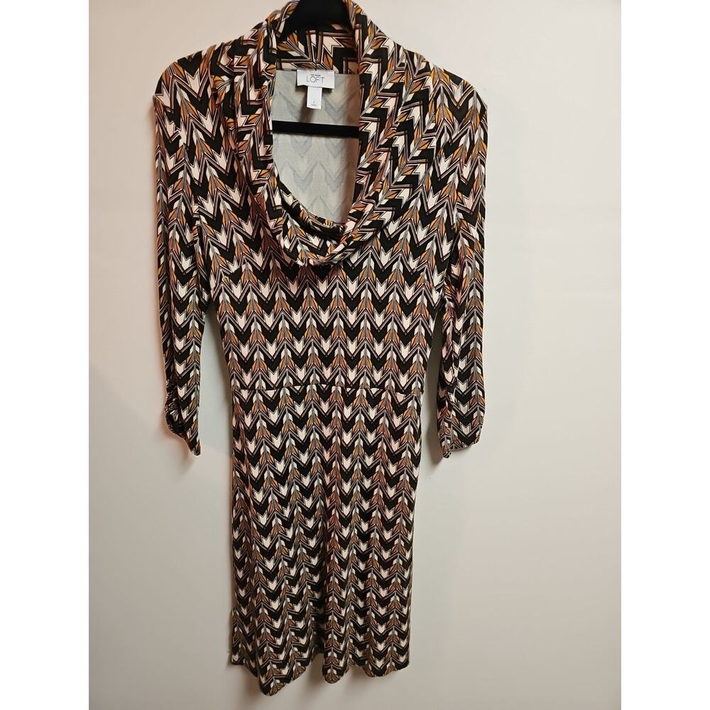 Ann‎ Taylor LOFT Copper Geometric Cowl Neck Midi Dress SZ 4 | 3/4 Sleeve Stretch